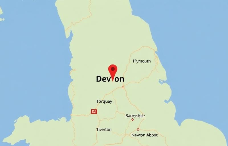 Map of Devon showing our coverage area including Exeter, Plymouth, Torquay, Barnstaple, Tiverton and Newton Abbot